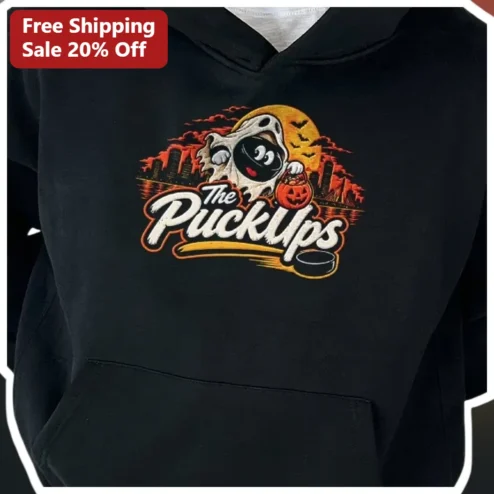 The PuckUps Hoodie Halloween Hockey Ghost Puck Graphic Pullover for Fans