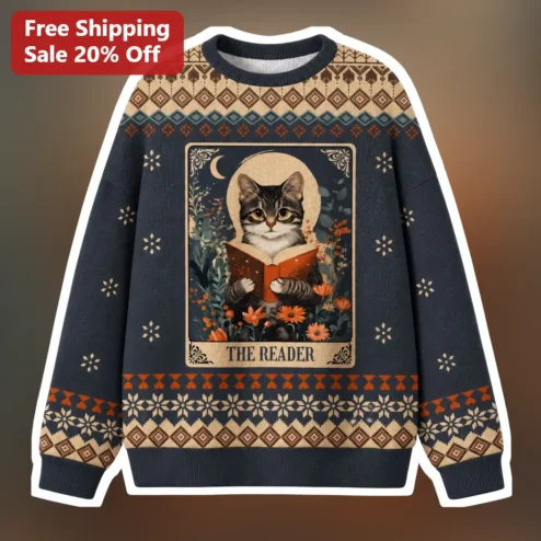 THE READER Sweater Book Lover Cat Reading Nordic Knit Cottagecore Gift