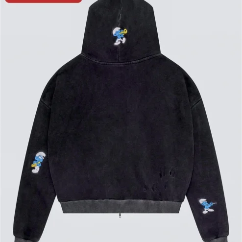The Smurfs Hoodie Vintage Streetwear Acid Wash Black Cotton Fleece Embroidered Trumpet Patch Retro Cartoon Apparel Gift