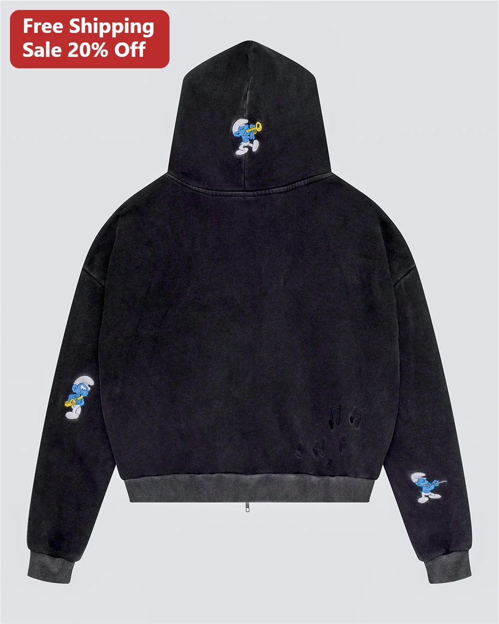 The Smurfs Hoodie Vintage Streetwear Acid Wash Black Cotton Fleece Embroidered Trumpet Patch Retro Cartoon Apparel Gift