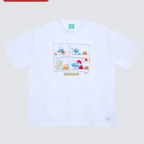Close-up of The Smurfs Tee Oversized Vintage Cartoon Graphic T-Shirt Retro Pop Culture Apparel for streetwear fans in Chicago, Illinois