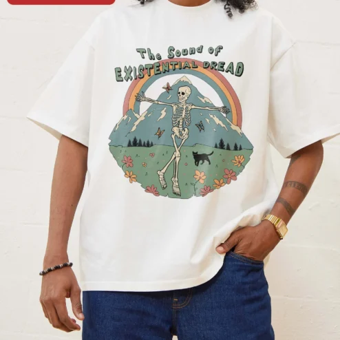 The Sound of Existential Dread Tee Dark Humor Skeleton Graphic Shirt Retro Vintage Oversized Unisex on a hanger, ready to ship from Chicago, Illinois
