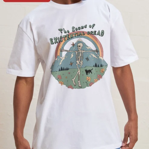 The Sound of Existential Dread Tee Dark Humor Skeleton Graphic T-Shirt on a hanger, ready to ship from Chicago, Illinois