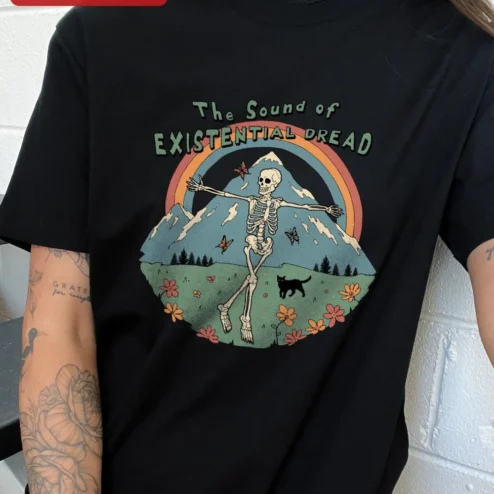 Customer in Chicago, Illinois wearing The Sound of Existential Dread Tee Dark Humor Skeleton Graphic T-Shirt