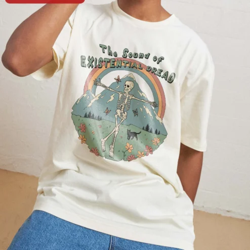 Close-up of The Sound of Existential Dread Tee Dark Humor Skeleton Graphic T-Shirt for streetwear fans in Chicago, Illinois