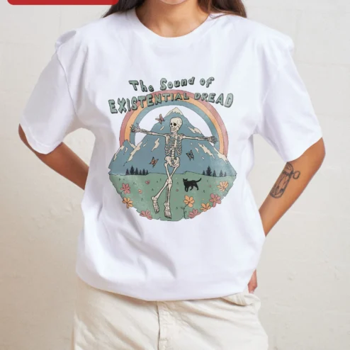 Customer in Chicago, Illinois wearing The Sound of Existential Dread Tee Dark Humor Skeleton Graphic T-Shirt
