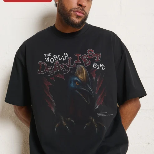 Customer in Chicago, Illinois wearing The World's Deadliest Bird Cassowary Graphic Tee Funny Nature Humor Shirt Gift for Bird Lovers