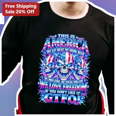This Is America We Eat Meat We Drink Beer We Own Guns Freedom Patriotic Skull Graphic Tee