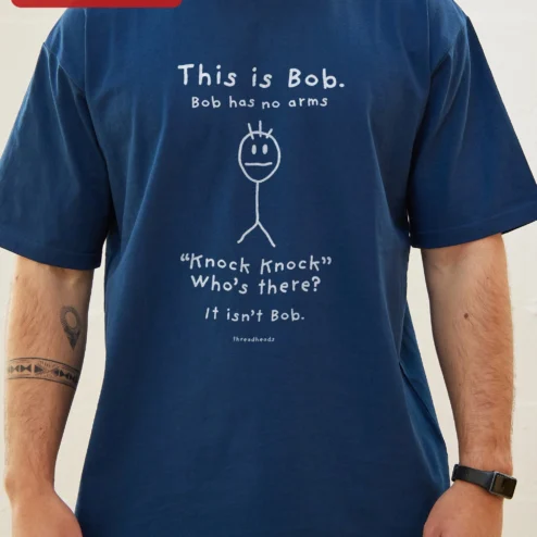 Close-up of This is Bob Bob Has No Arms Knock Knock Joke Graphic Tee for streetwear fans in Chicago, Illinois