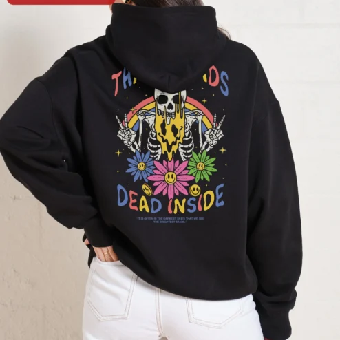 Thousand Friends Dead Inside Hoodie Darkest Skies Brightest Stars Melting Skull Skeleton Retro Grunge Streetwear