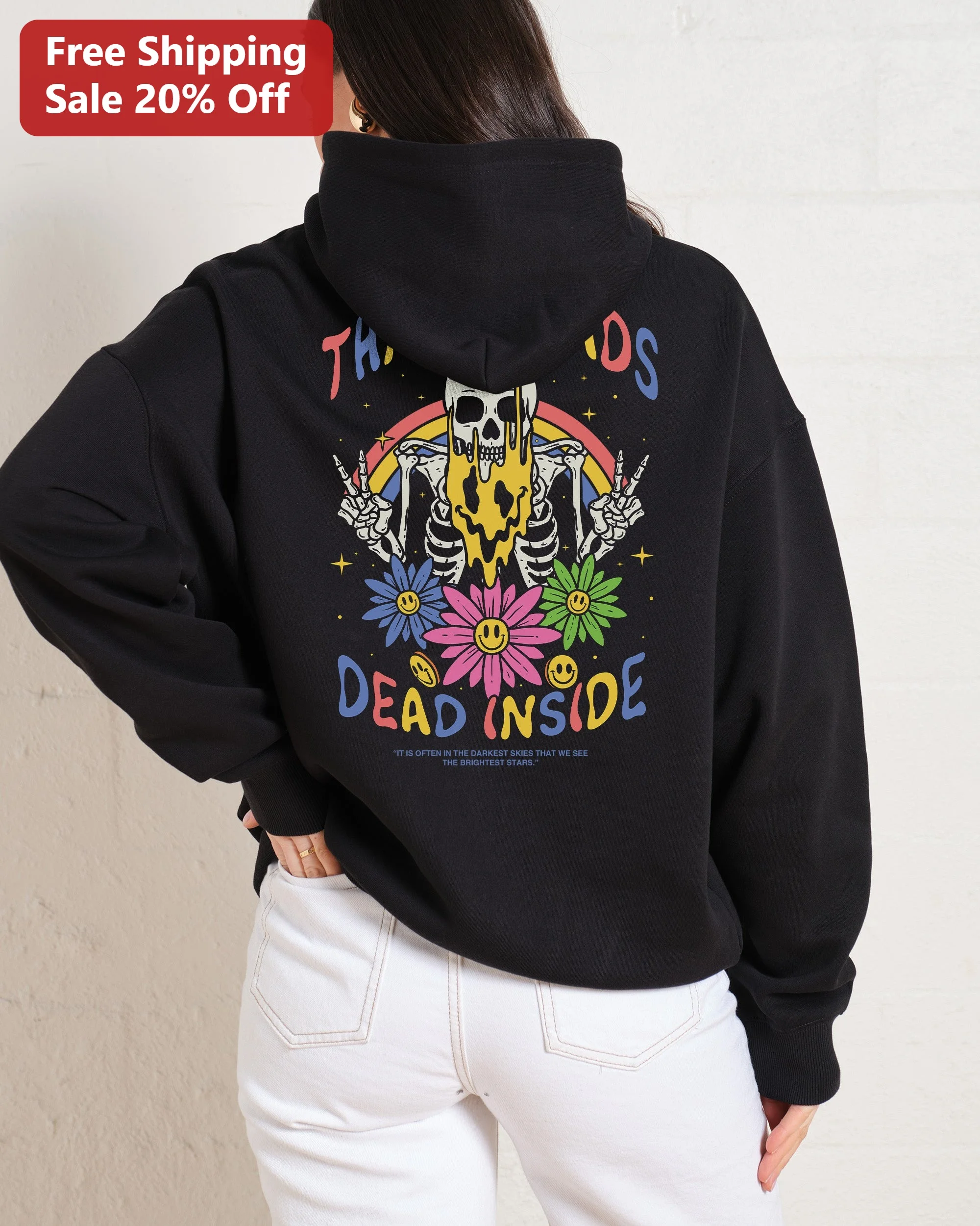 Thousand Friends Dead Inside Hoodie Darkest Skies Brightest Stars Melting Skull Skeleton Retro Grunge Streetwear