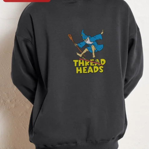 THREAD HEADS Skating Wizard Hoodie Funny Sewing Humor Gift for Men Women on a hanger, ready to ship from Chicago, Illinois