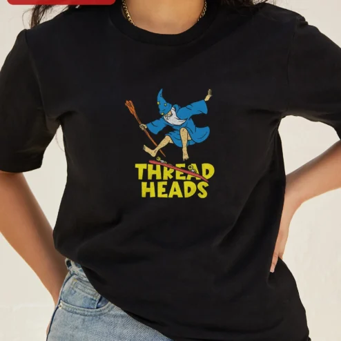 Thread Heads Tee Wizard Crafter Knitting Sewing Humor Graphic Shirt Gift on a hanger, ready to ship from Chicago, Illinois