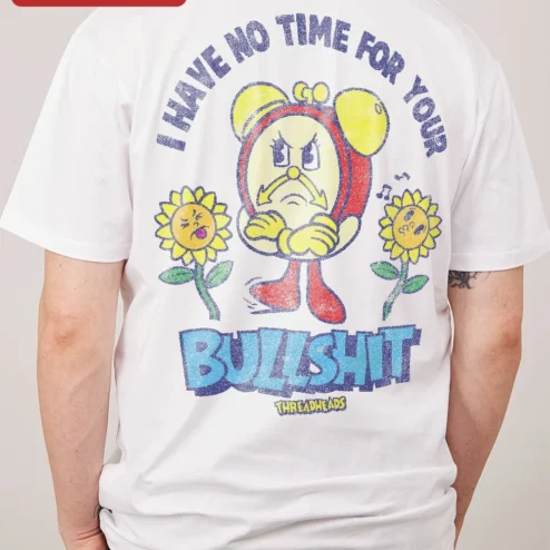 Threadheads Angry Alarm Clock Graphic Tee Retro Cartoon Streetwear Shirt on a hanger, ready to ship from Chicago, Illinois