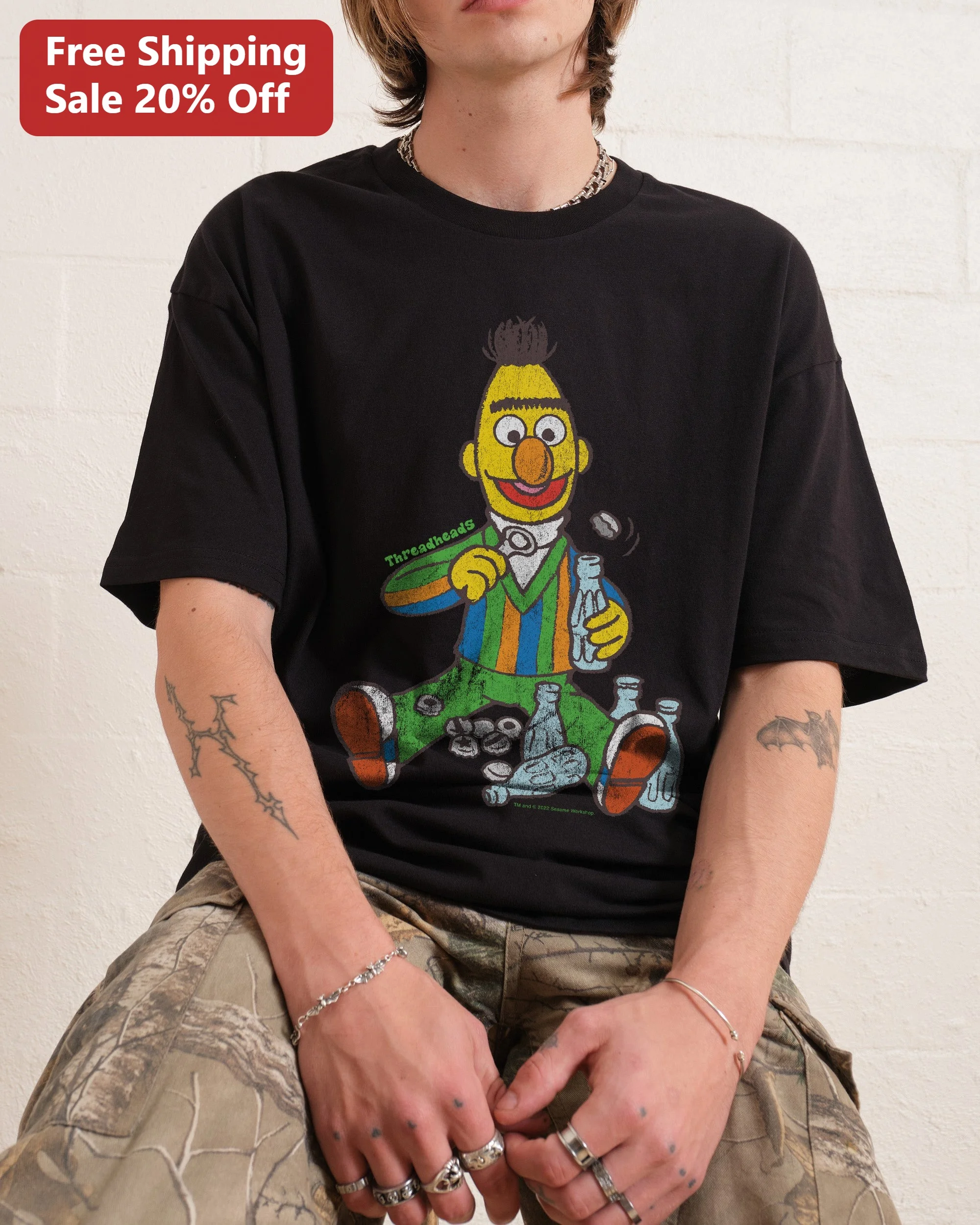 Threadheads Bert Sesame Street Vintage Graphic Tee Oversized Black Cotton Shirt