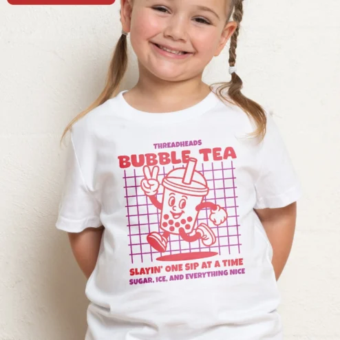 Threadheads Bubble Tea Slayin One Sip At A Time Kids Tee Retro Boba Shirt Gift on a hanger, ready to ship from Chicago, Illinois