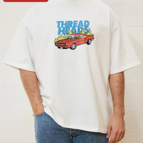 Threadheads Burning Muscle Car Skeleton Graphic Tee Retro Vintage Automotive Gift on a hanger, ready to ship from Chicago, Illinois