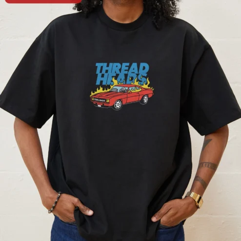 Threadheads Burning Muscle Car Skeleton Graphic Tee Retro Vintage Automotive Gift