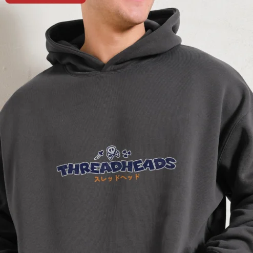 Threadheads Hoodie Funny Sewing Humor Graphic Pullover for Crafters and Quilters on a hanger, ready to ship from Chicago, Illinois