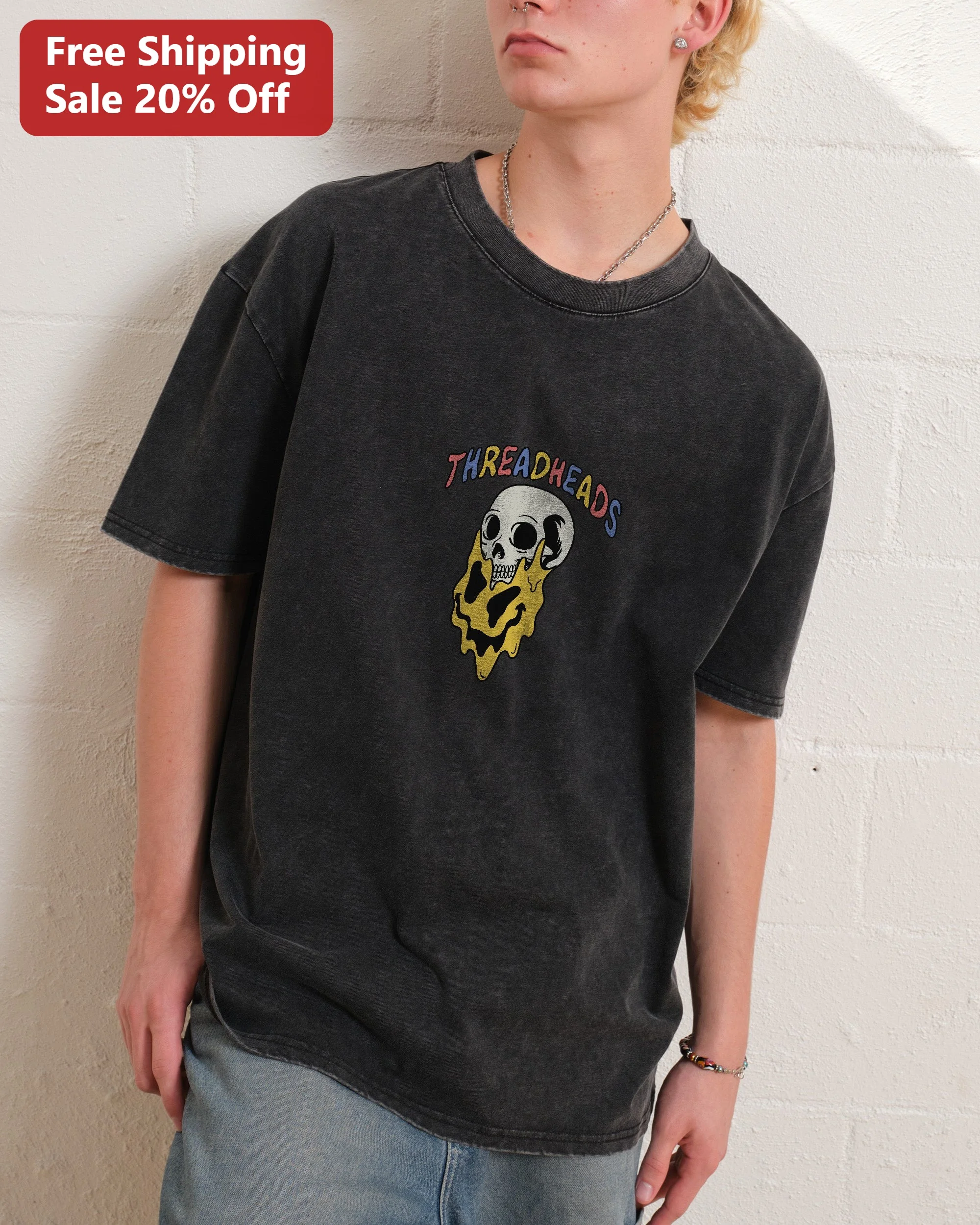 Threadheads Melting Skull Acid Wash Graphic Tee Vintage Streetwear Skate Style