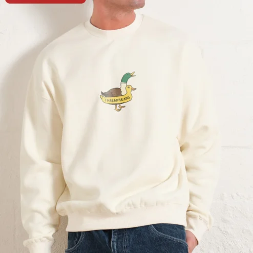 THREADHEADS Sweatshirt Black Crewneck Embroidered Two Headed Duck Streetwear Pullover on a hanger, ready to ship from Chicago, Illinois