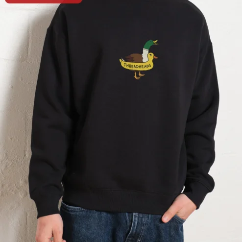 THREADHEADS Sweatshirt Black Crewneck Embroidered Two Headed Duck Streetwear Pullover