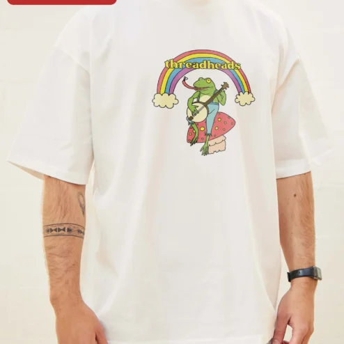 Threadheads Tee Banjo Playing Frog Retro Graphic Oversized Vintage Shirt on a hanger, ready to ship from Chicago, Illinois
