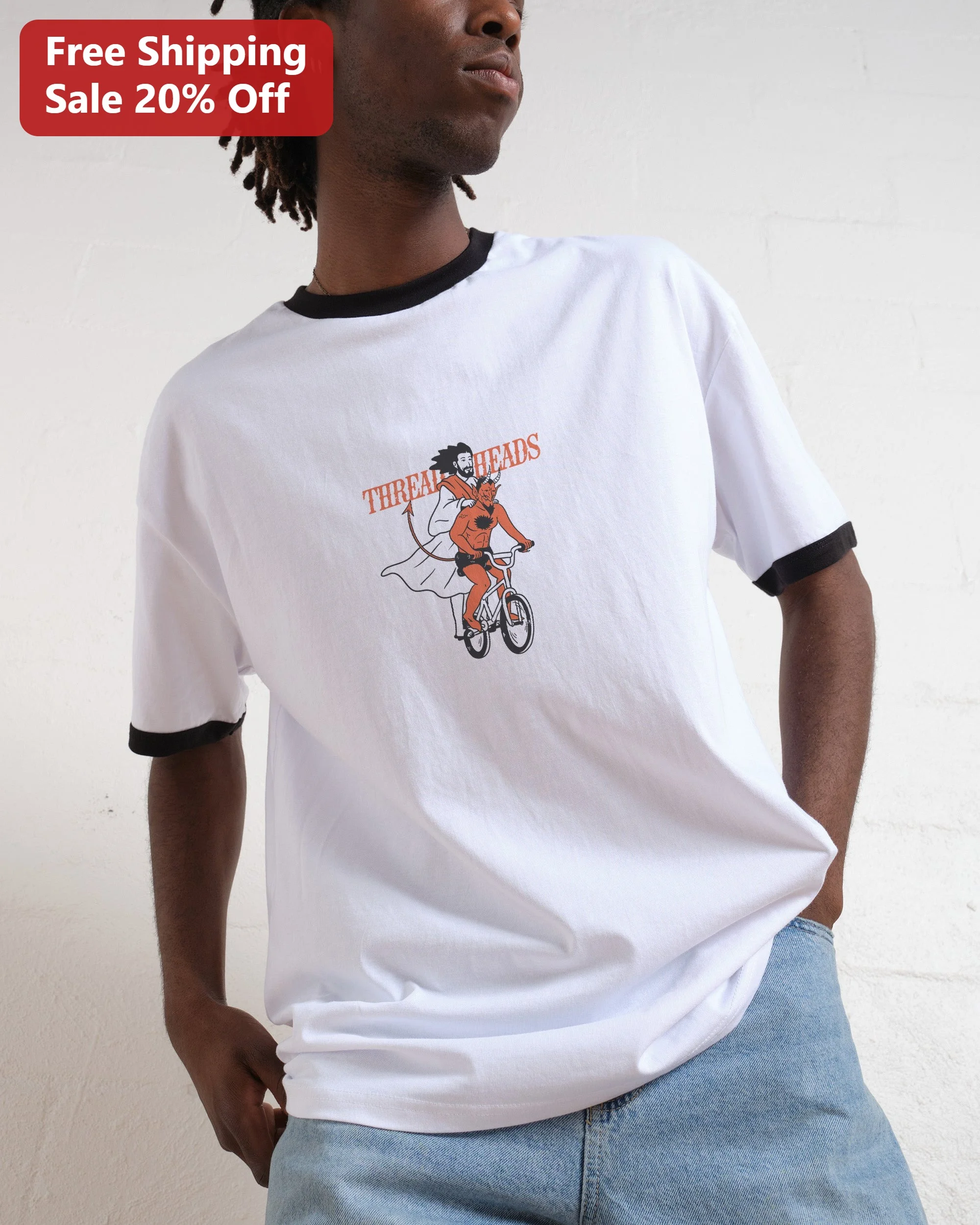 Threadheads Tee Devil Riding Bicycle Graphic T-Shirt Vintage Cartoon Streetwear Apparel