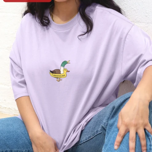 Close-up of Threadheads Tee Duck Graphic Oversized Streetwear Cotton T-Shirt for Women for streetwear fans in Chicago, Illinois