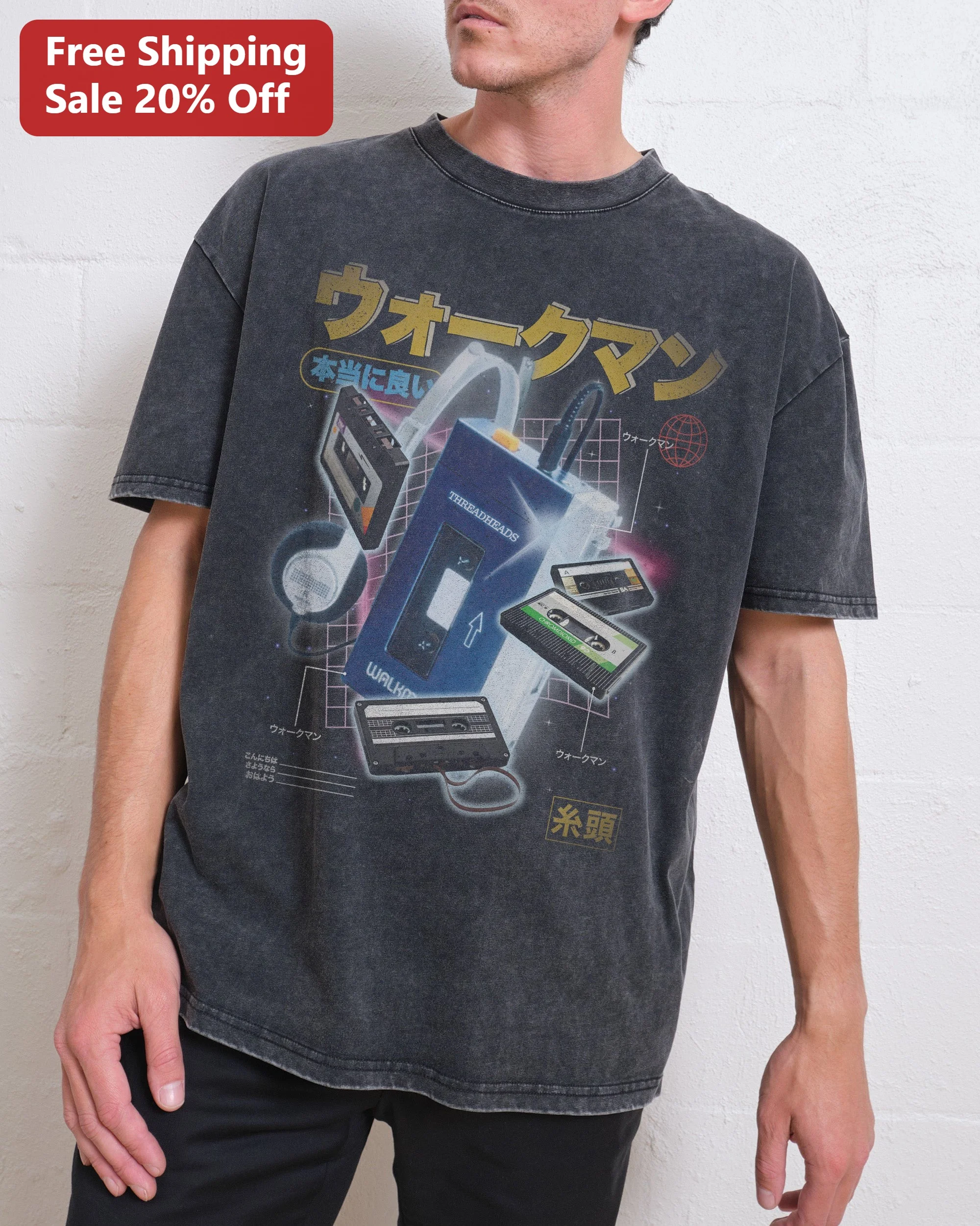 Threadheads Tee Retro Walkman Cassette Tape Acid Wash Vintage Graphic Shirt