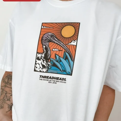 Close-up of Threadheads The House of the Bin Chicken Est. 2018 Graphic Tee for streetwear fans in Chicago, Illinois