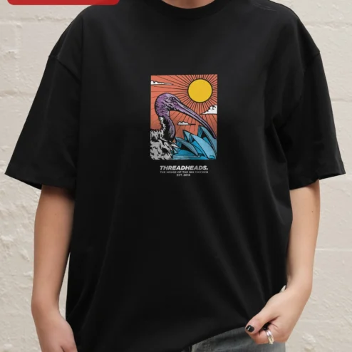 Threadheads The House Of The Bin Chicken Est. 2018 Oversized Graphic Tee on a hanger, ready to ship from Chicago, Illinois
