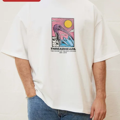 Customer in Chicago, Illinois wearing Threadheads The House Of The Bin Chicken Est. 2018 Oversized Graphic Tee