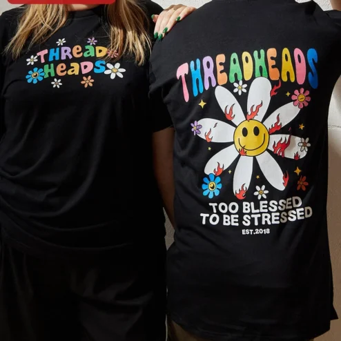 Threadheads Too Blessed To Be Stressed Retro Flower Graphic Tee Unisex Cotton Shirt