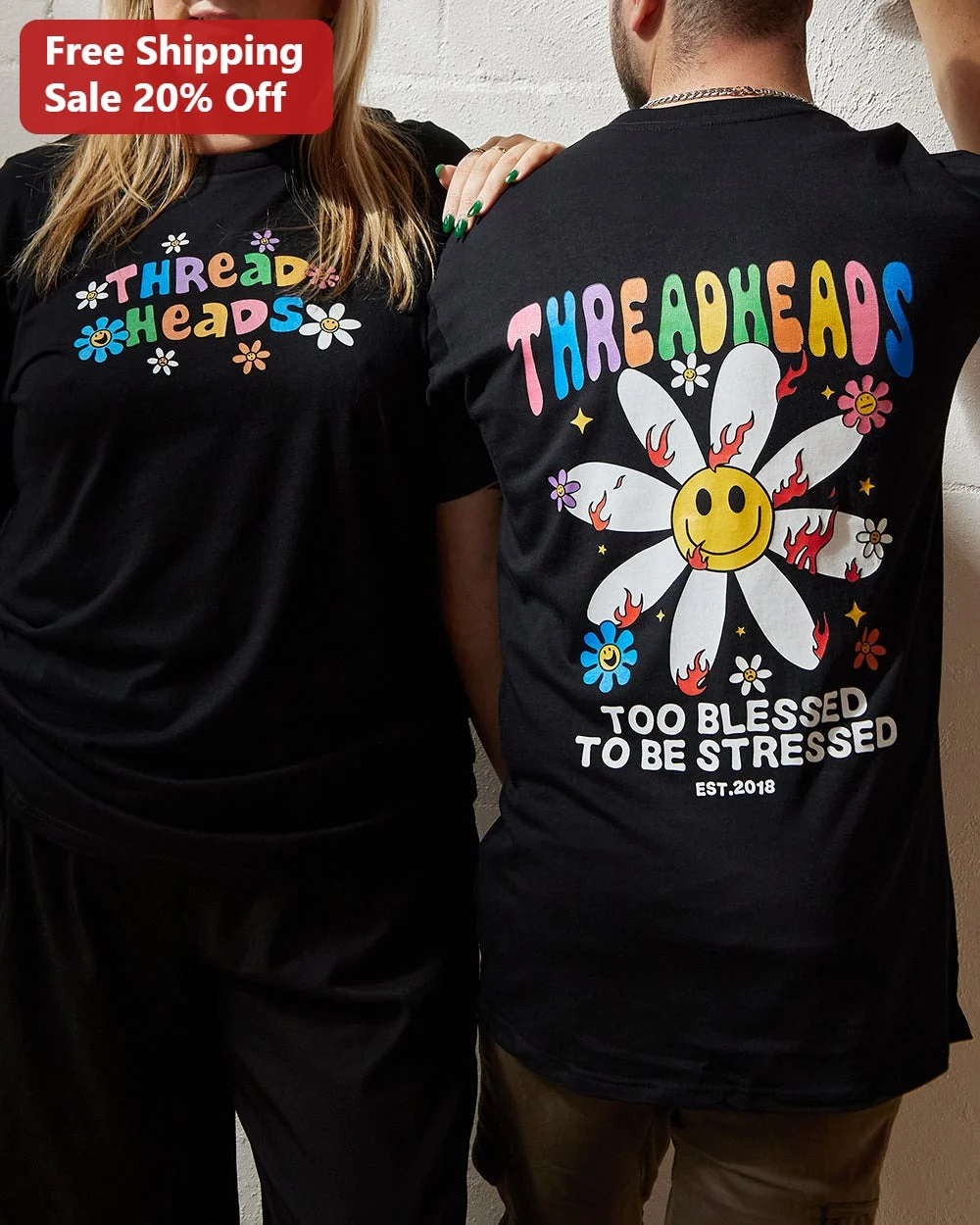 Threadheads Too Blessed To Be Stressed Retro Flower Graphic Tee Unisex Cotton Shirt