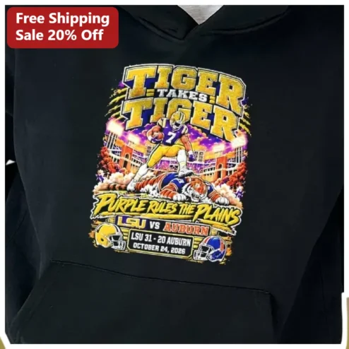 Tiger Takes Tiger Purple Rules The Plains LSU Football Hoodie Vintage SEC Rivalry Gift available at our Chicago, Illinois warehouse