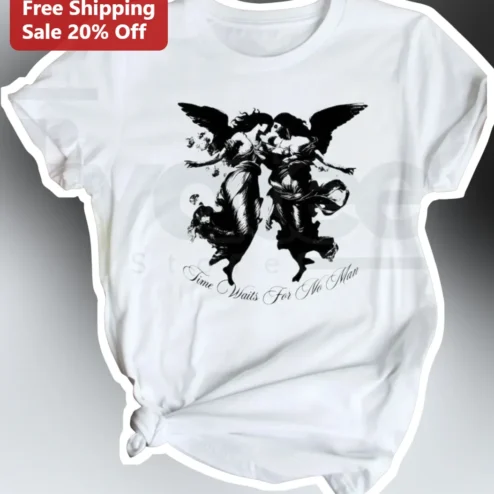Time Waits For No Man Tee Gothic Classical Angels Memento Mori Vintage Etching Shirt for Men