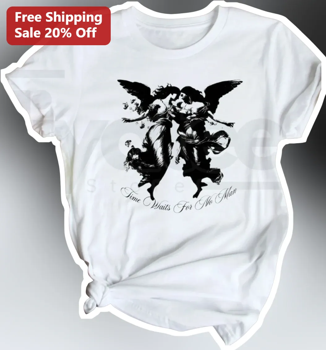 Time Waits For No Man Tee Gothic Classical Angels Memento Mori Vintage Etching Shirt for Men
