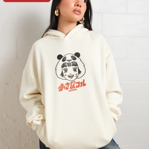 TINYKOL Hoodie Japanese Streetwear Kawaii Anime Girl Panda Costume Pullover on a hanger, ready to ship from Chicago, Illinois