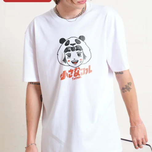 Tinykol Kawaii Panda Girl Graphic Tee Japanese Text Harajuku Style on a hanger, ready to ship from Chicago, Illinois