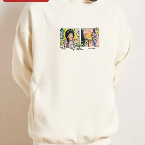 Tinykol Year A.H. First Humanoid Eating a Burger Hoodie on a hanger, ready to ship from Chicago, Illinois