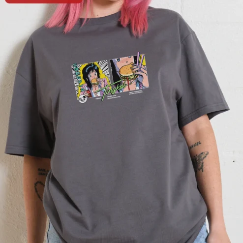 Customer in Chicago, Illinois wearing Tinykol Year A.H. First Humanoid Eating Burger Graphic Tee Retro Anime Sci-Fi Humor Shirt
