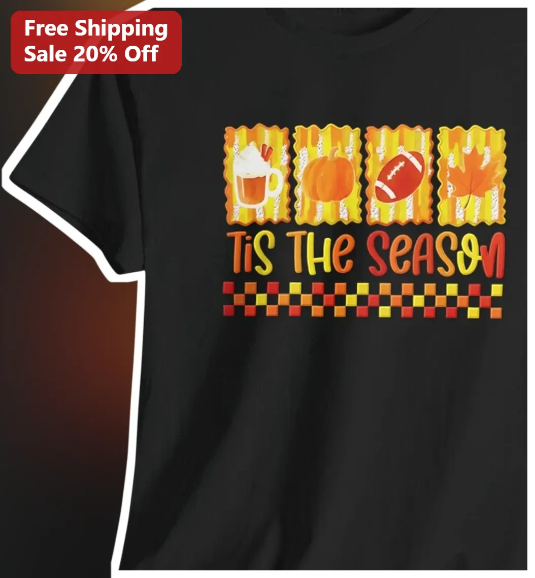 'Tis The Season Fall Football Pumpkin Spice Latte Graphic Tee for Women Men