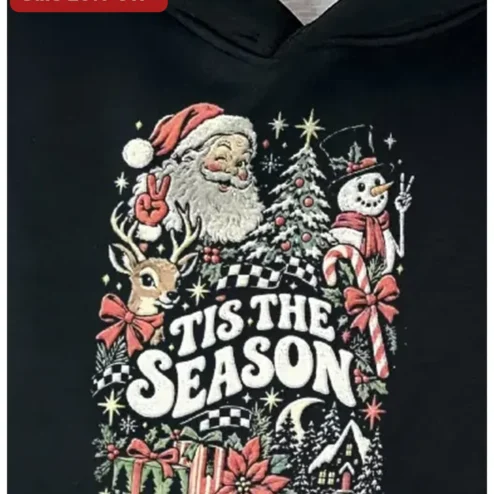 'Tis The Season Vintage Christmas Hoodie Funny Santa Snowman Reindeer Graphic Sweatshirt Holiday Gift for Men Women