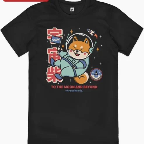 Customer in Chicago, Illinois wearing To The Moon And Beyond Cosmic Shiba Inu Astronaut Dog Graphic Tee