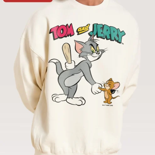 Tom and Jerry Best Friends Sweatshirt Retro Cartoon Cat and Mouse Graphic Crewneck for Men Women Kid on a hanger, ready to ship from Chicago, Illinois