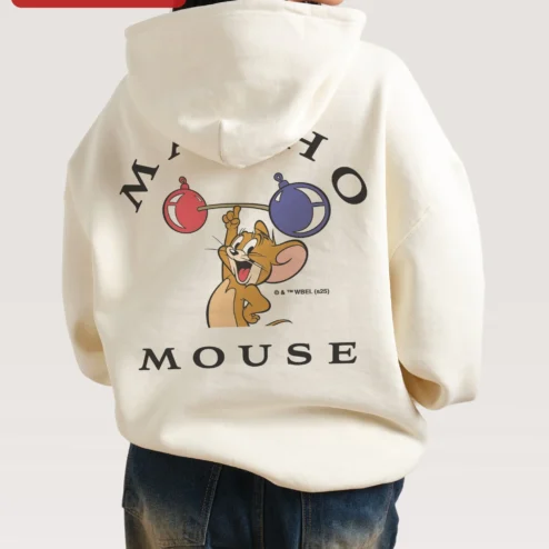 Customer in Chicago, Illinois wearing Tom and Jerry Hoodie Classic Cartoon Character Sweatshirt Retro Pop Culture Merch for Men Women