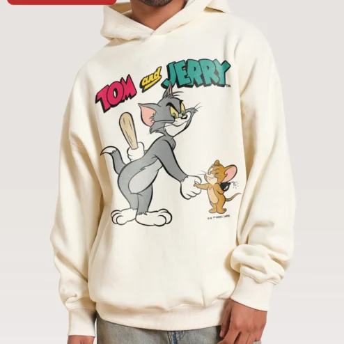 Tom and Jerry Hoodie Retro Cartoon Best Friends Graphic Pullover Sweatshirt for Men Women Kids on a hanger, ready to ship from Chicago, Illinois
