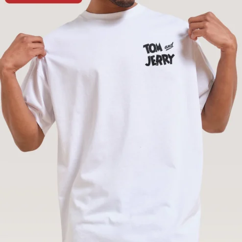Close-up of Tom and Jerry Tee Classic Cartoon Character Graphic T-Shirt Retro Animation Merch Gift for Fans for streetwear fans in Chicago, Illinois
