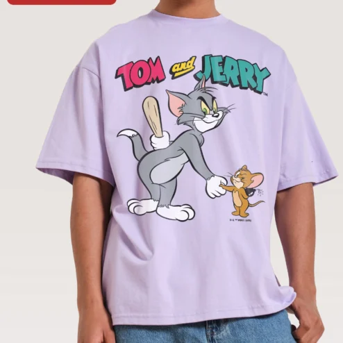 Tom and Jerry Tee Vintage Cartoon Double Trouble Duo Oversized Black T-Shirt for Adults on a hanger, ready to ship from Chicago, Illinois